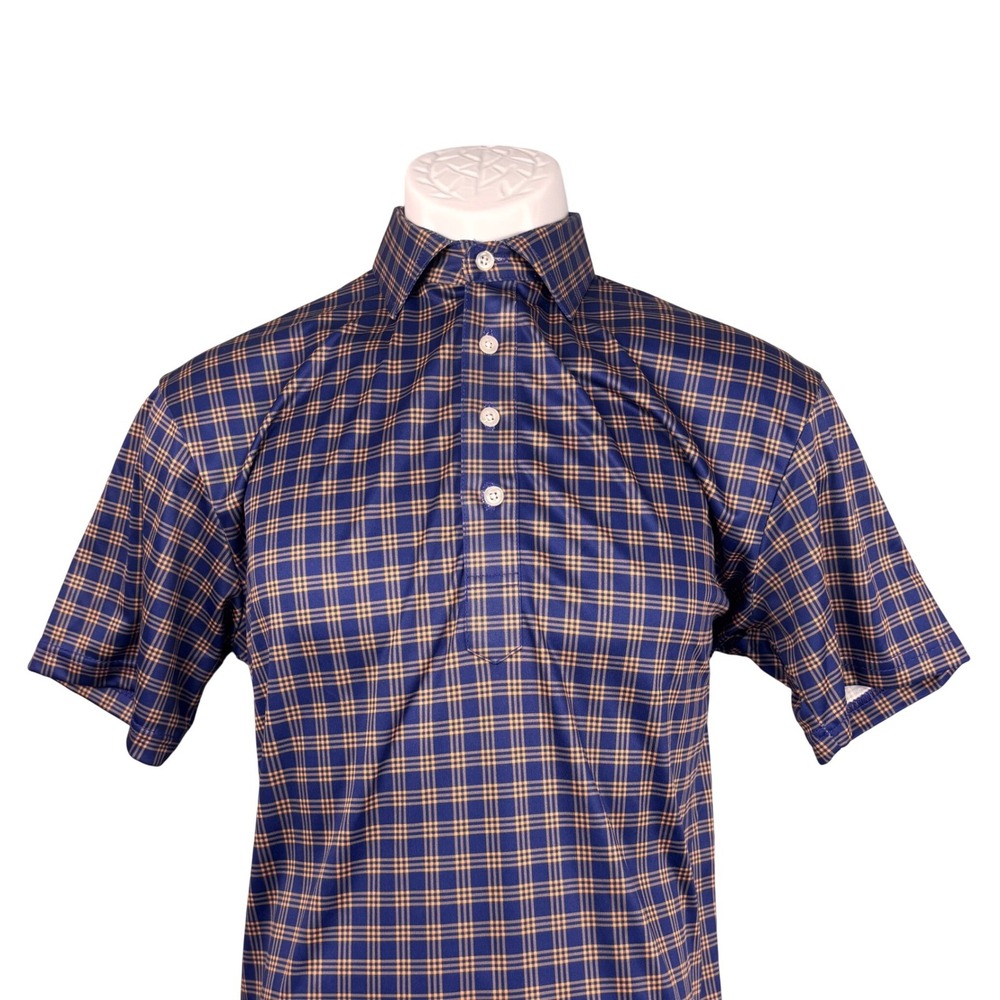 Collars & Co Mens Dress Collar Polo Shirt Small Blue Orange Plaid Short Sleeve